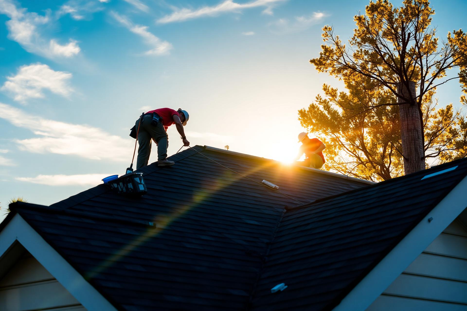 Roofing professionals installing a high-quality roof at sunset
